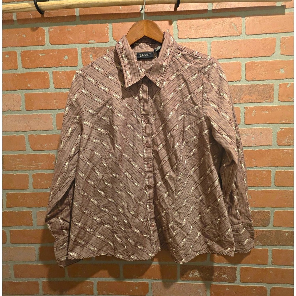 Lane Bryant Brown Striped Collared Button-Down Stretch Blouse Long Sleeve 14 060